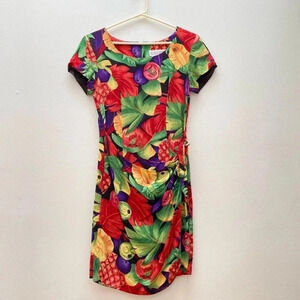 VINTAGE - 90s Tropical Fruit Faux Front Wrap Dress